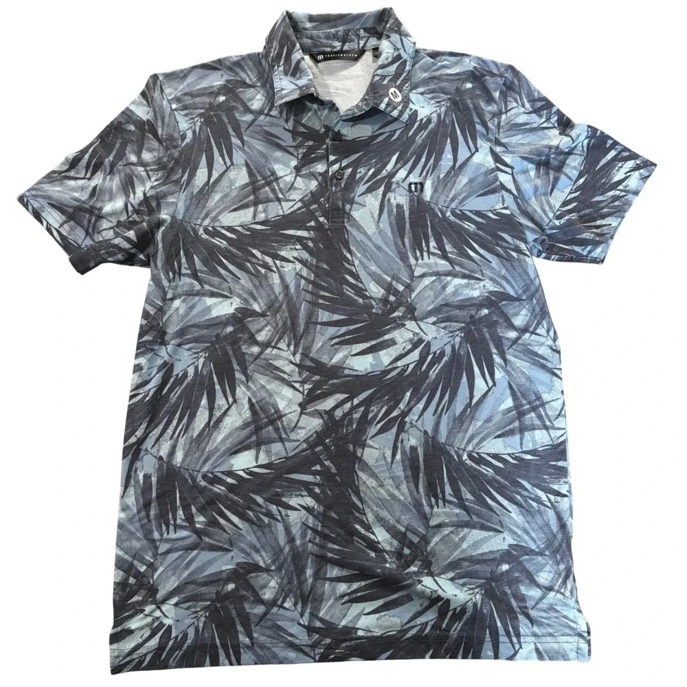 TravisMathew Mens Blue Tropical Palm Leaf Print Casual Golf Polo Shirt‎ Size M